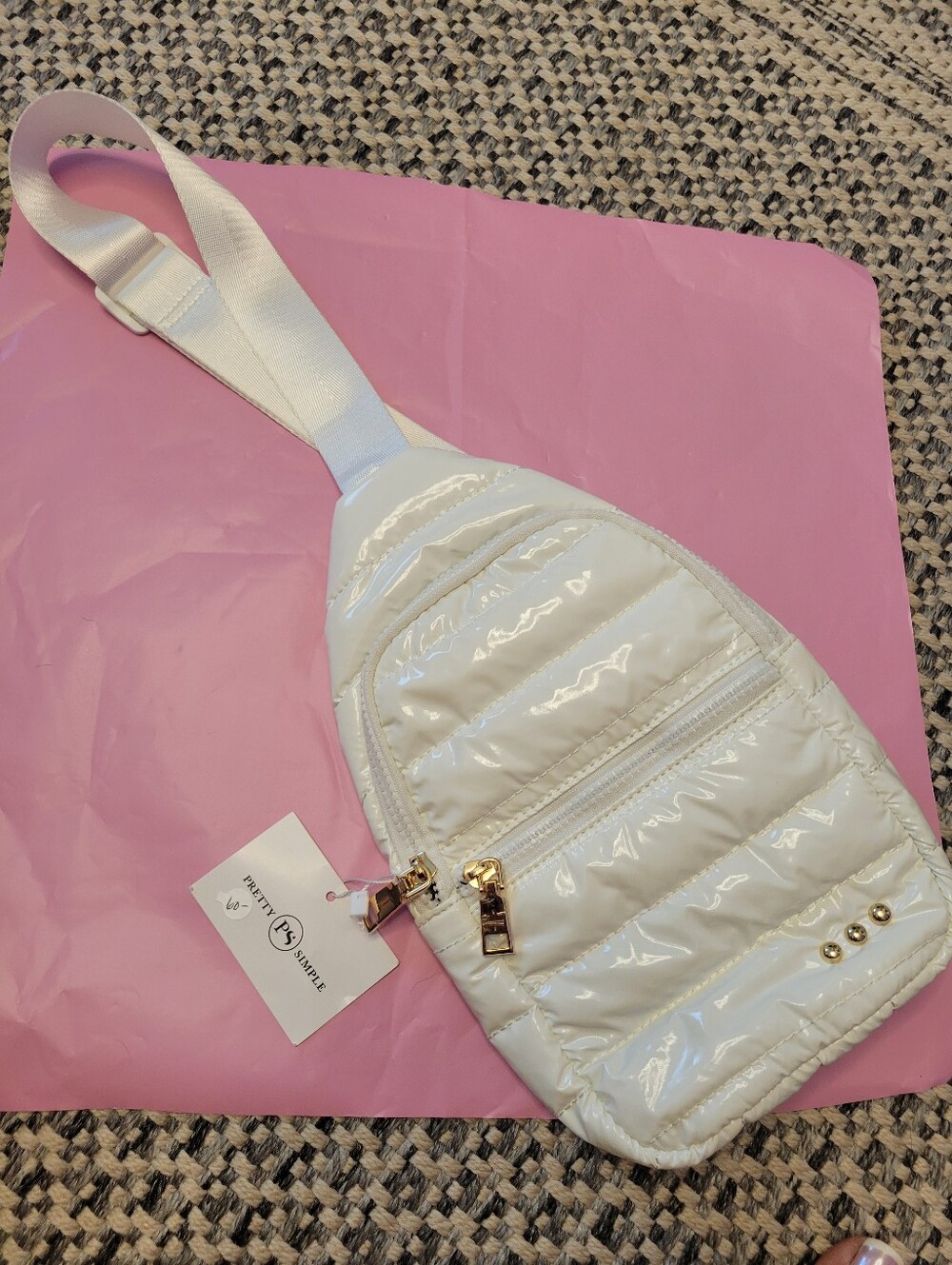 Pretty Simple White Quilted Crossbody Sling Bag with Gold Hardware